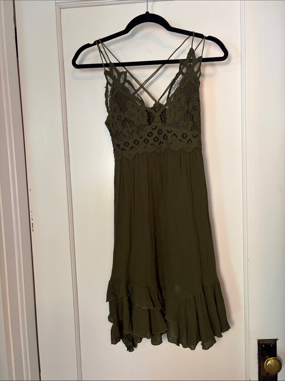 Free People Olive Green Lace embroidered Gauze Bodice Mini Dress